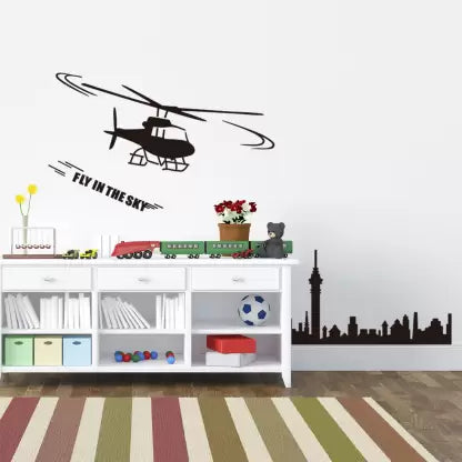 Jm8216  Wall Stickers Boys Room Helicopter Flying Black Art Self Adhesive Sticker