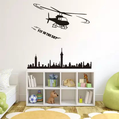 Jm8216  Wall Stickers Boys Room Helicopter Flying Black Art Self Adhesive Sticker
