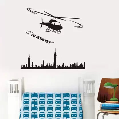 Jm8216  Wall Stickers Boys Room Helicopter Flying Black Art Self Adhesive Sticker
