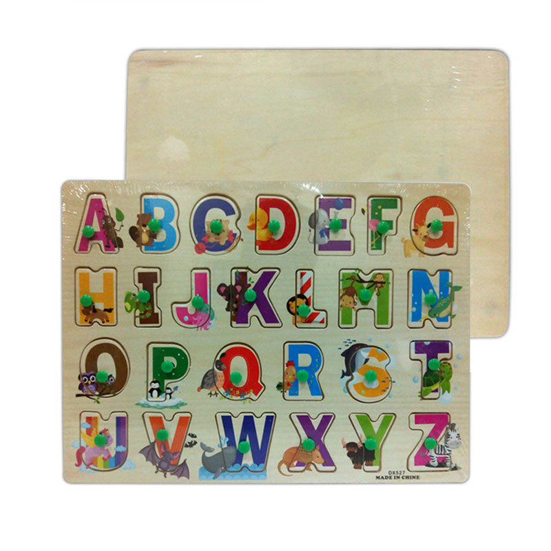 Wooden Puzzle Picture Board ABC Alphabet Vocabulary Wooden Jigsaw Puzzle with Knobs Kids Boys Girls Nursery Toddler Toy