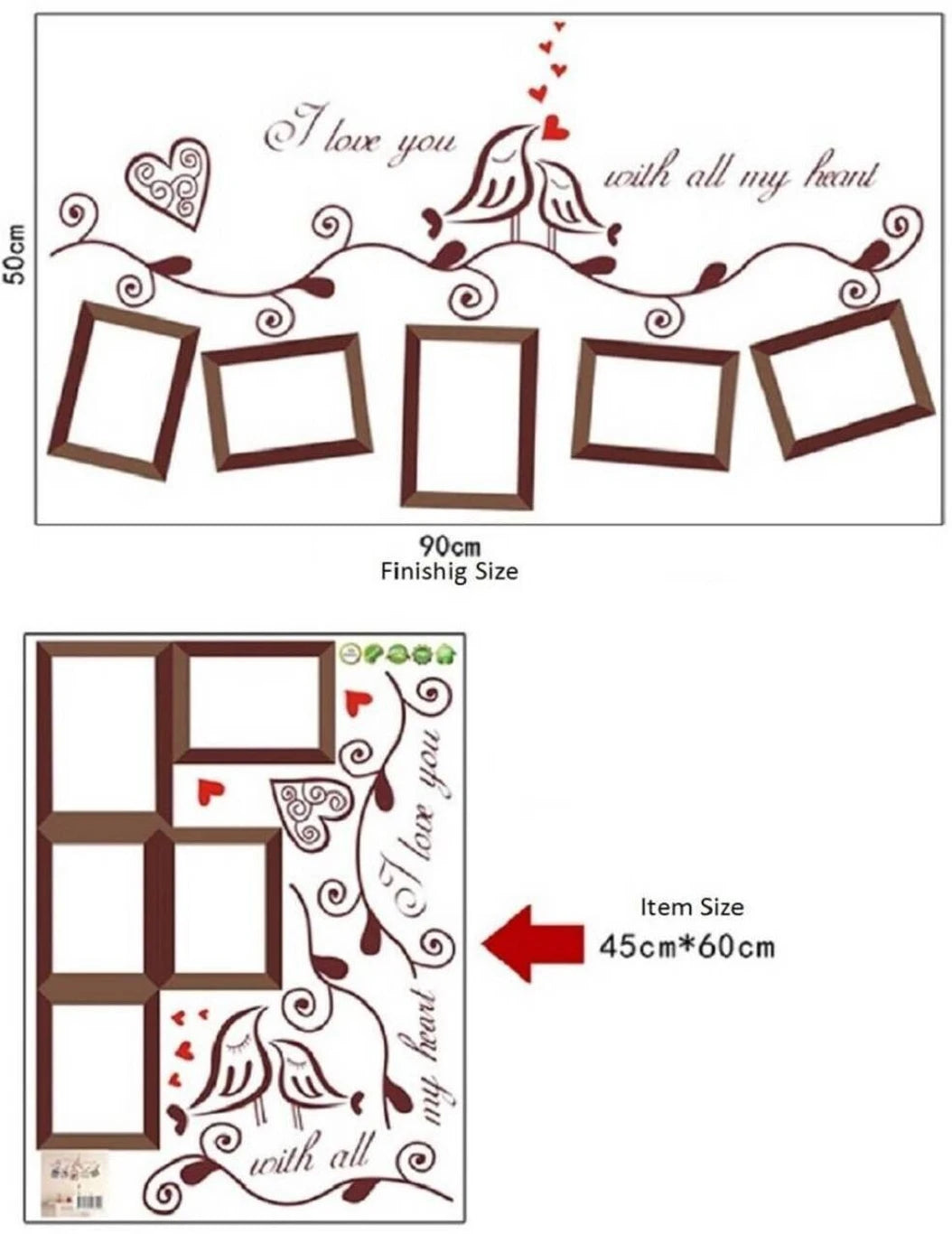 Removable Picture Frame Wall Stickers Vinyl Family Wall Stickers with 5 Photo Frames Love Bird Black Flower Vine Wall Decal Decoration size 45x60 ay640a