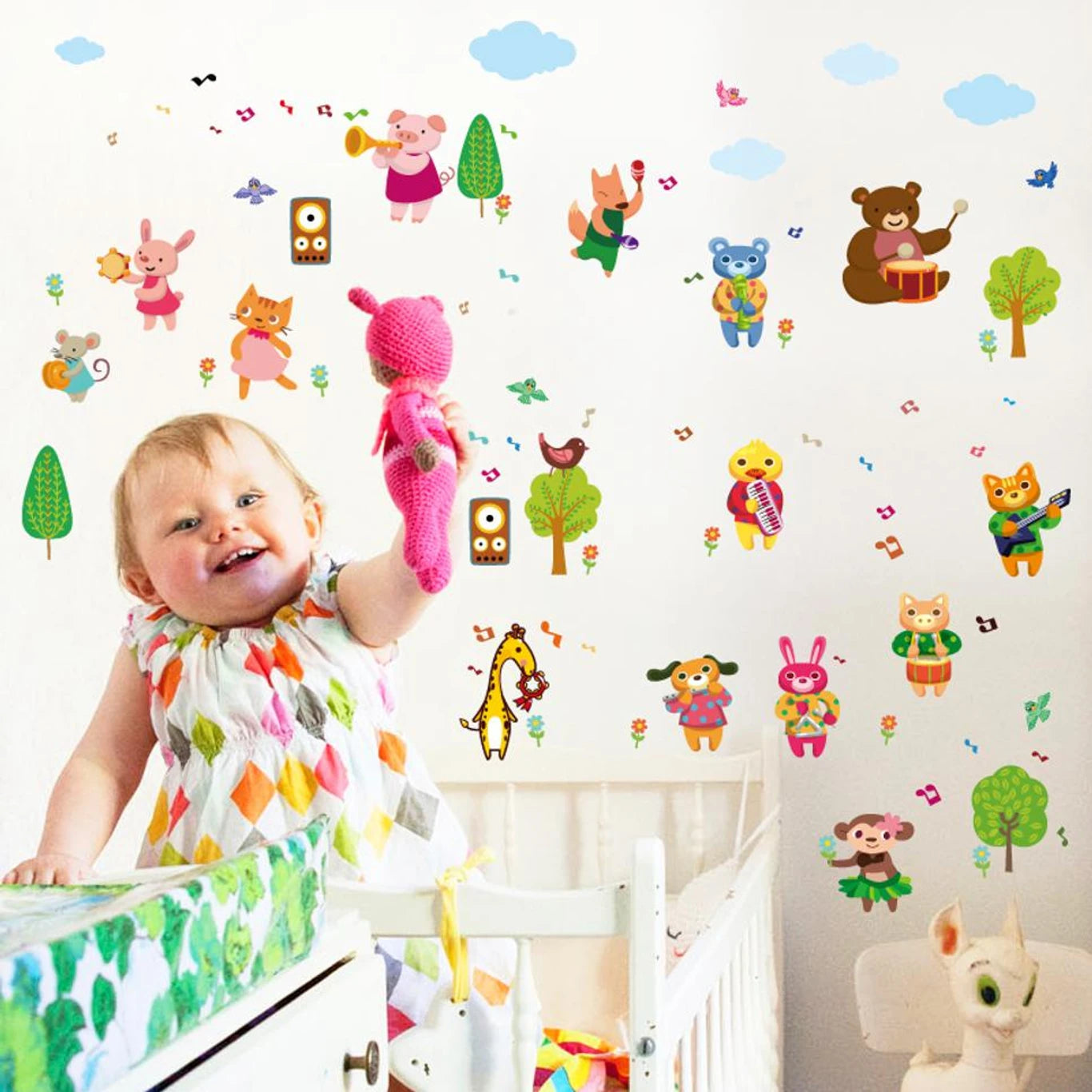【BestGO】Cartoon animal band note wall sticker living room bedroom background wall sticker wall stickers for kids rooms size 50x70 sk7143