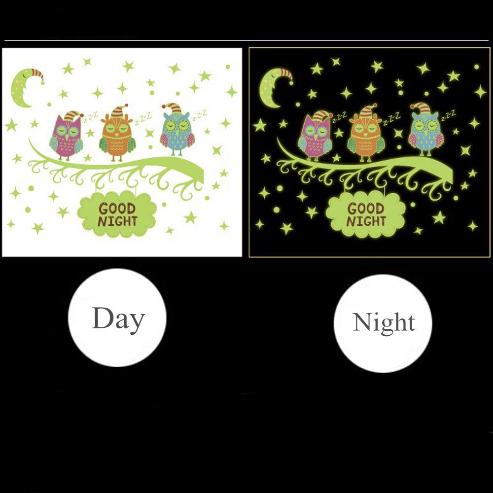 Two Wall Stickers,Techfeed Night Light Wall Decals and Branch Owl Wall Stickers for Kids Rooms Bedroom Decorative Removable Wall Decor Stickers for Girls Boys size 30x60 HM31006Y
