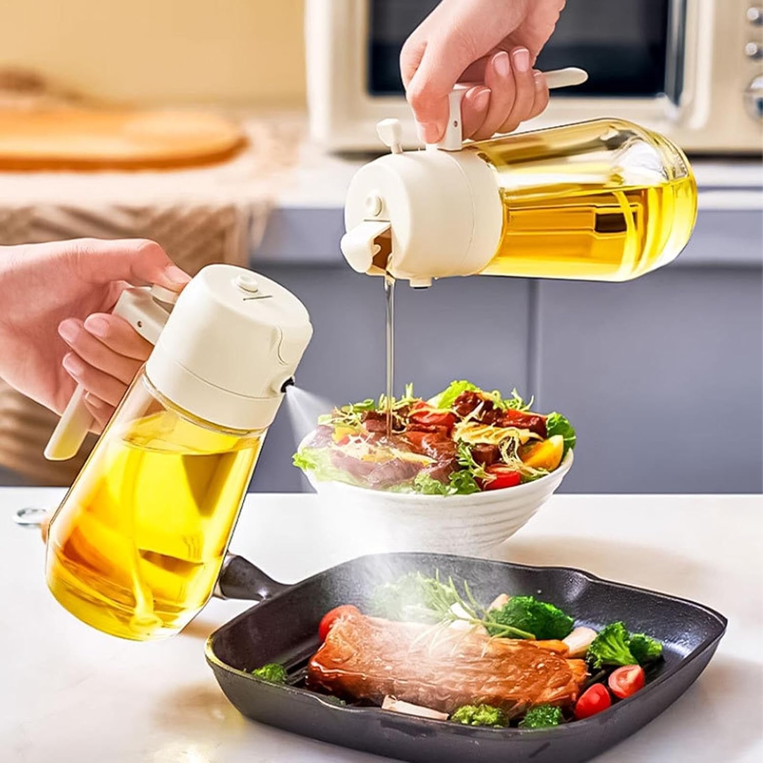 2 in 1 Oil Spray Bottle 470ml, Olive Oil Dispenser & Cooking Oil Sprayer for Kitchen, Air Fryer & BBQ