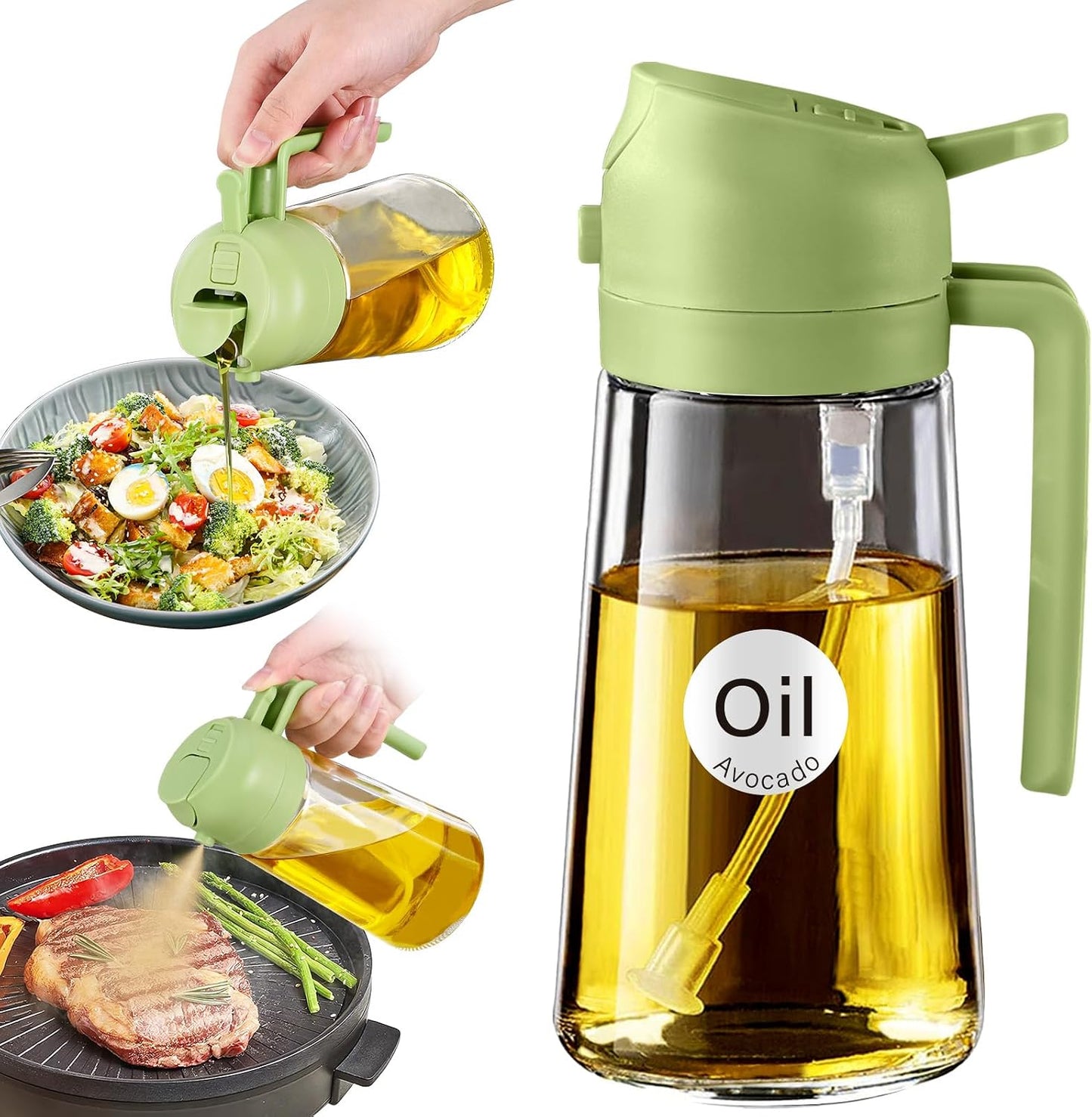 2 in 1 Oil Spray Bottle 470ml, Olive Oil Dispenser & Cooking Oil Sprayer for Kitchen, Air Fryer & BBQ