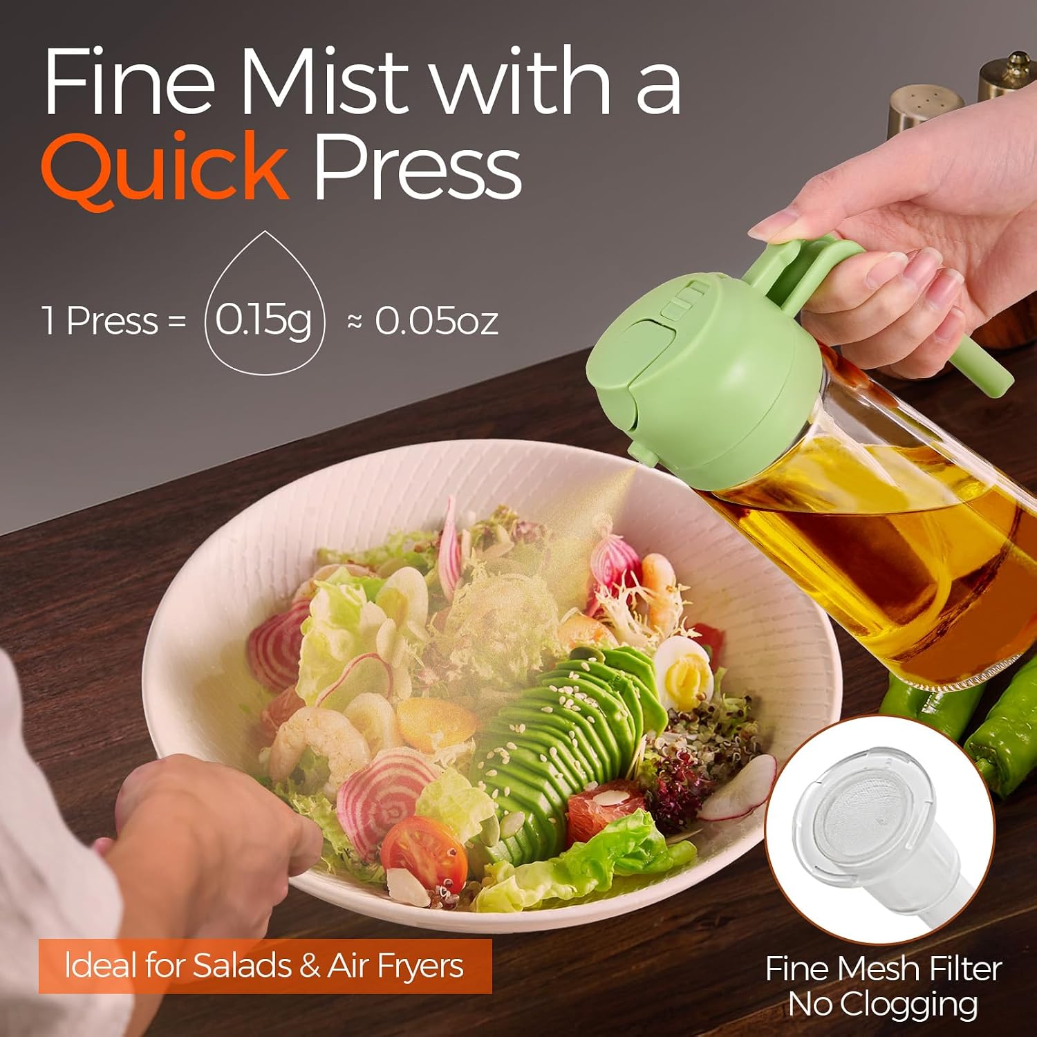 2 in 1 Oil Spray Bottle 470ml, Olive Oil Dispenser & Cooking Oil Sprayer for Kitchen, Air Fryer & BBQ