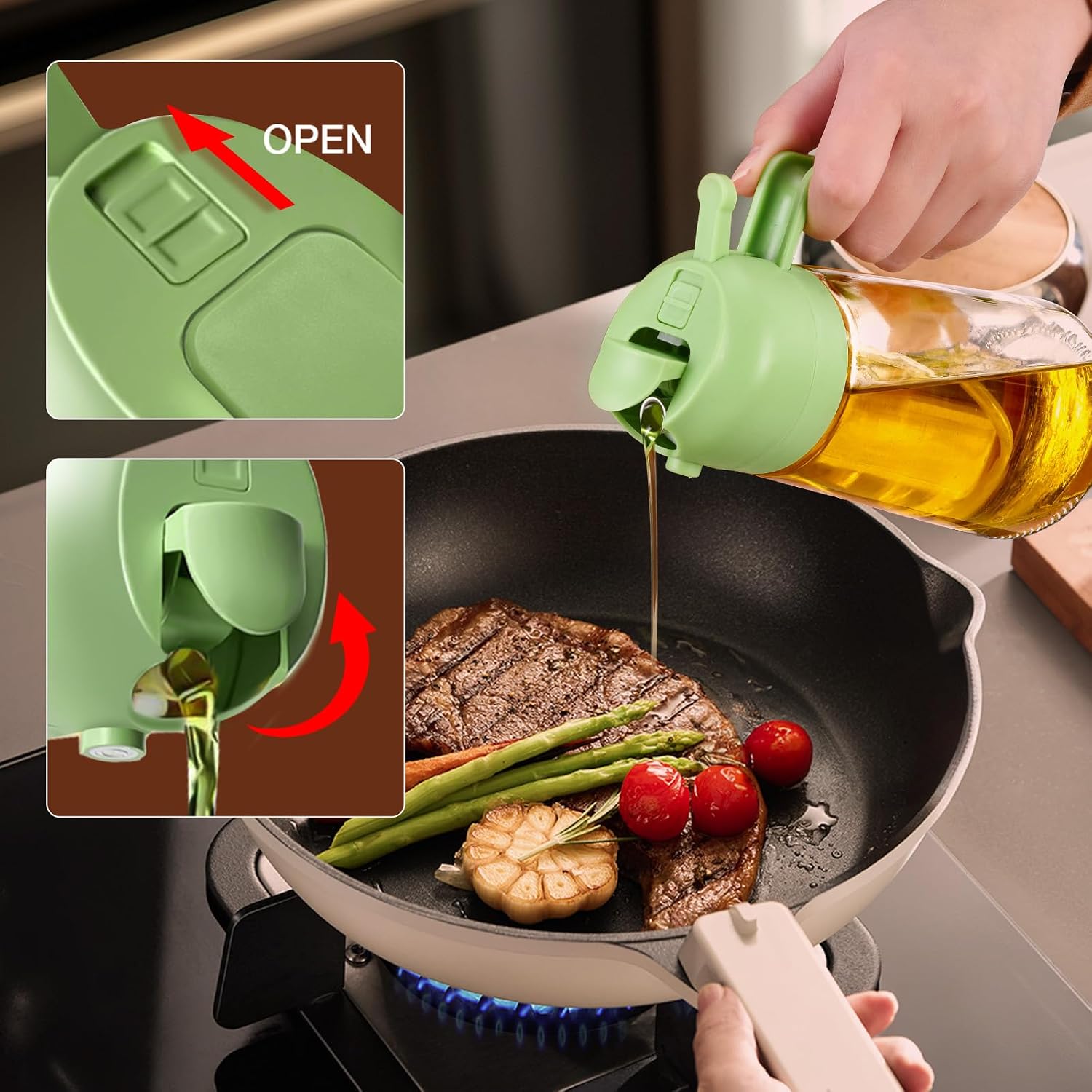2 in 1 Oil Spray Bottle 470ml, Olive Oil Dispenser & Cooking Oil Sprayer for Kitchen, Air Fryer & BBQ