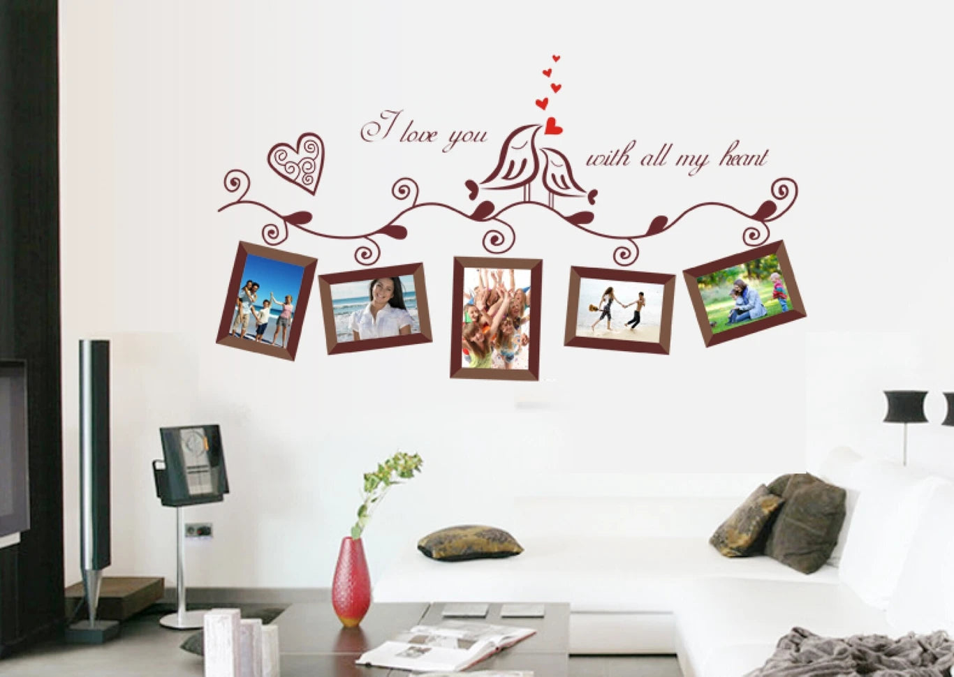 Removable Picture Frame Wall Stickers Vinyl Family Wall Stickers with 5 Photo Frames Love Bird Black Flower Vine Wall Decal Decoration size 45x60 ay640a