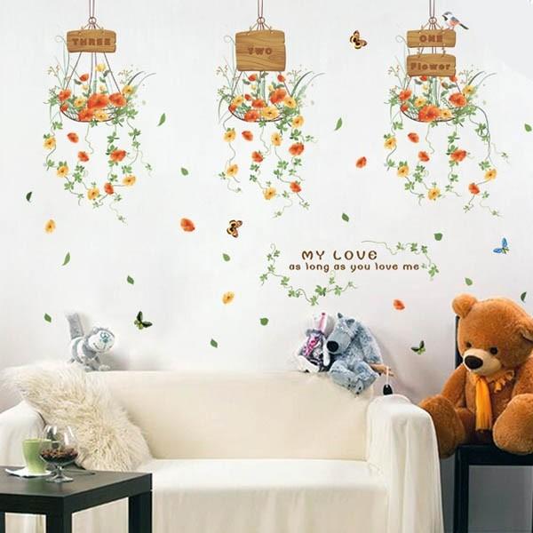 Wall Sticker, Hanging Pot Flower Art Sticker, Interior Plant, size 50x70 xls7106