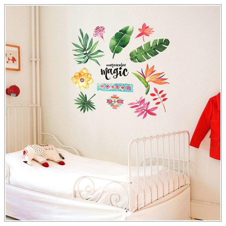 Home Wall Stickers Tropical Watercolor Leaf Flowers Wall Stickers Waterproof Wall Decal Stickers  size 50x70  sk7173