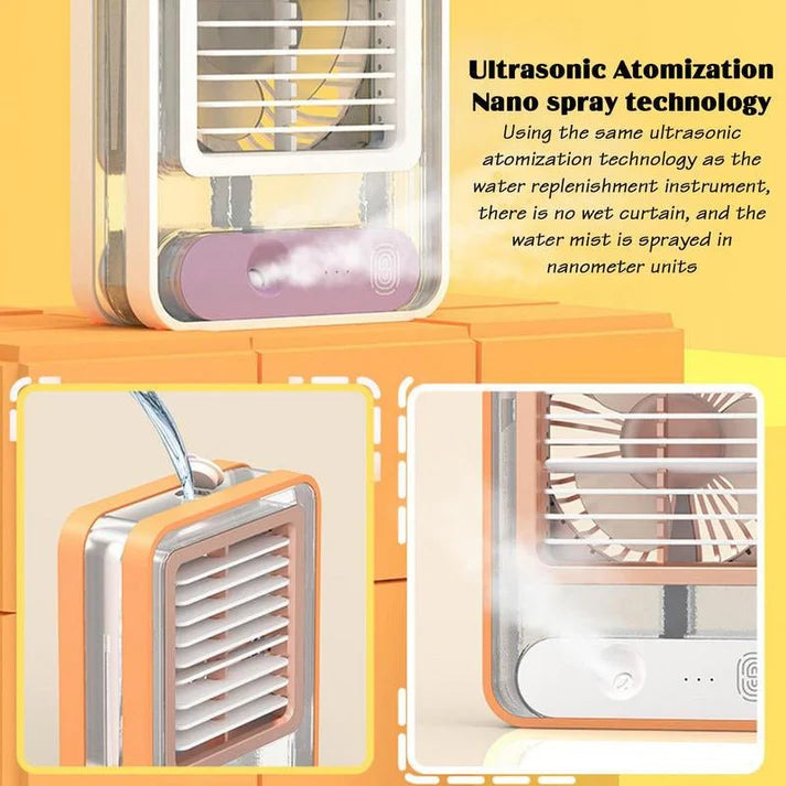 Portable Desktop Air Conditioner USB Mini Air Cooler Fan Water Cooling Fan with 3 Speed Spray Humidifier Purifier for Car Home Rechargeable (random color)
