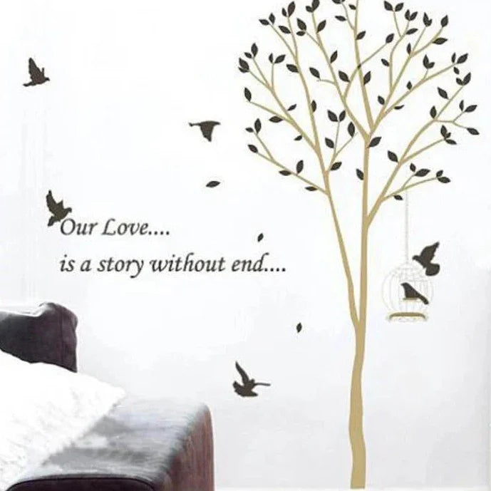 OneHouse Our Love is A Story Without End Quote Tall Tree with Birds Wall Decal Leaves Wall Sticker Decor