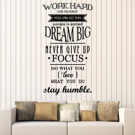 Vinyl Wall Decal Motivation Office Space Work Hard Dream Big Quote Words Decor Stickers Mural