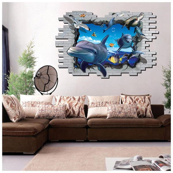 Wall stickers, trompe l'oeil, trick art, 3D, three-dimensional, pop-out, wall sticker, wallpaper sticker, wall decoration, wall decoration, interior decoration, sea, dolphin,
