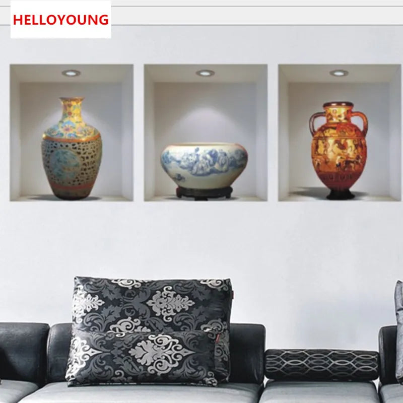 pack of 3 3D Simulation Ceramic Vase Wall Stickers Living Room Bedroom Decoration Sticker PVC Material Self-adhesive Environmental Protection Removable Decor Wallpaper size 50x90cm Z002