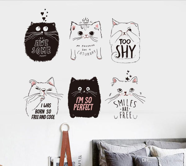 Cute Cat Wall Stickers Fashion Home Decor 6 Pcs Cats Black White Cats Wallpapers DIY Kids Room Decoration jm7338