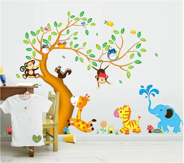 Wall Stickers Cartoon Animal Tree Boy Girl Kids Room Decor