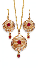 Heart Ruby Gold Plated Locket Set - Chain + Locket + Earrings. Turkish heart jaali design, beech me red ruby + white zircon, neeche ruby drop latkan. Light weight, daily / party wear