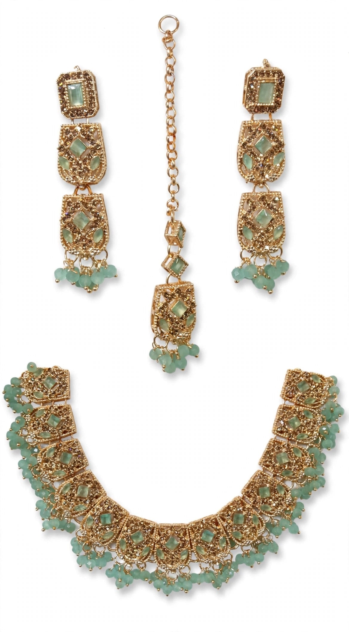Heavy Champagne Crystal Bridal Set - Choker + Long 3-Step Earrings + Maang Tikka. Full champagne stones, crystal latkan beads, golden polish. Shadi / Barat / Walima ke liye royal dulhan look, box included.