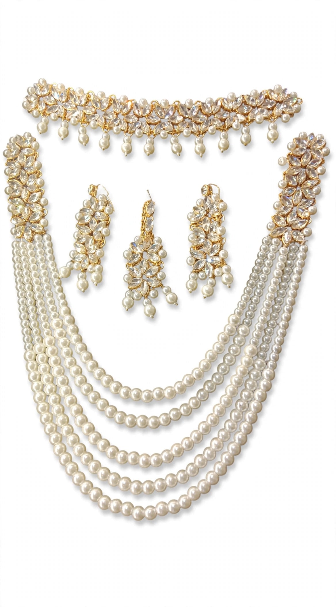 5-Layer Pearl Nikkah Bridal Set - Choker + 5 Layer Long Mala + Earrings + Maang Tikka. White pearls + white kundan zircon + pearl drop latkan, gold polish. Nikkah / Walima ke liye best, white dress ke sath royal look.