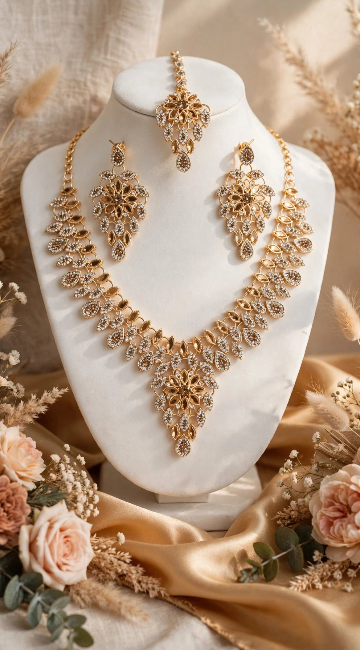 Golden Leaf Zircon Bridal Set - Necklace + Long Earrings + Maang Tikka. Leaf shape champagne & white zircon, heavy floral design, royal shine. Shadi / Engagement / Party ke liye perfect, box included.