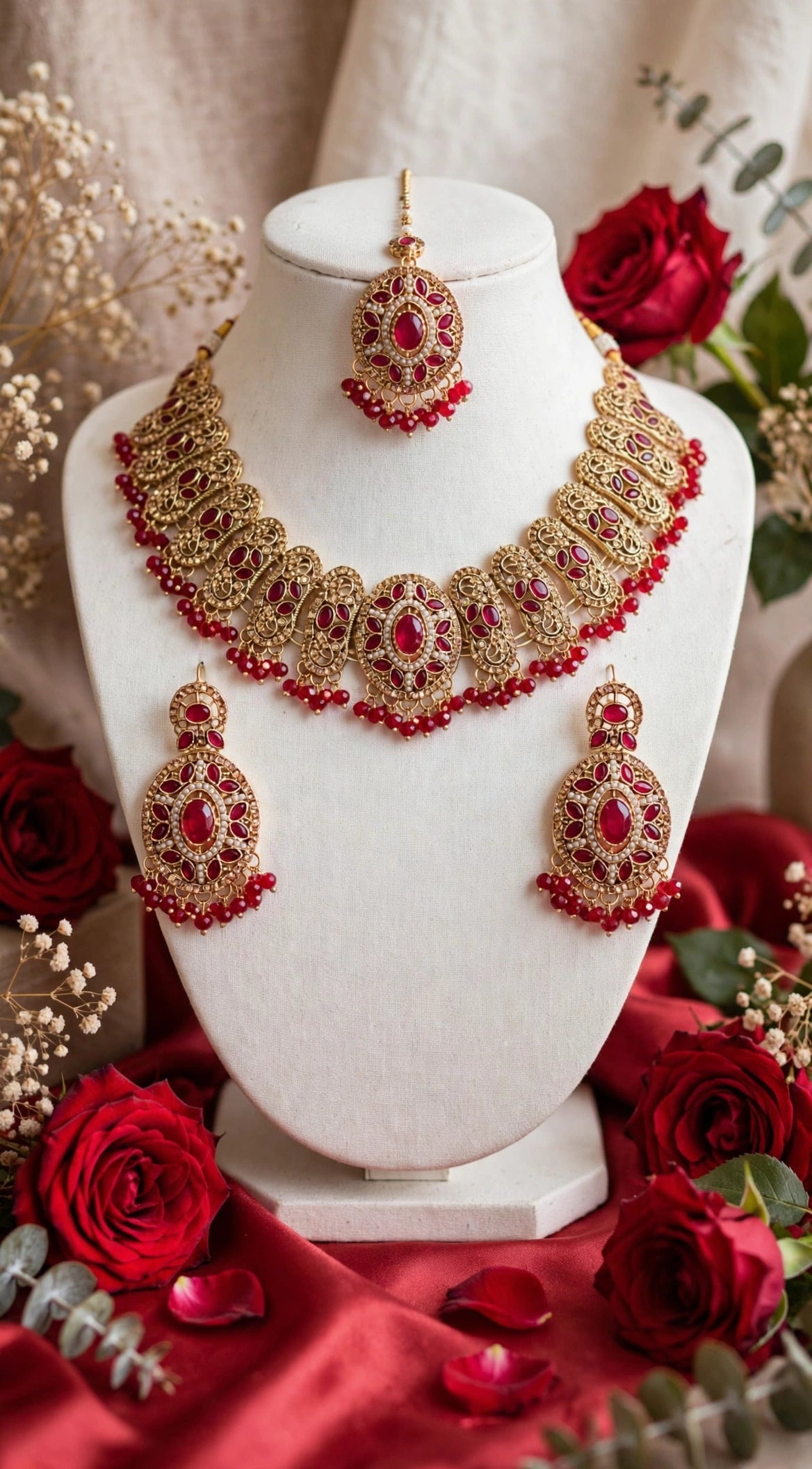 Red Ruby Royal Bridal Set - Heavy Choker + Earrings + Maang Tikka. Red ruby stones + small pearls + red crystal beads, gold polish, heavy bridal jaali work. Barat / Shadi ke liye best dulhan set.