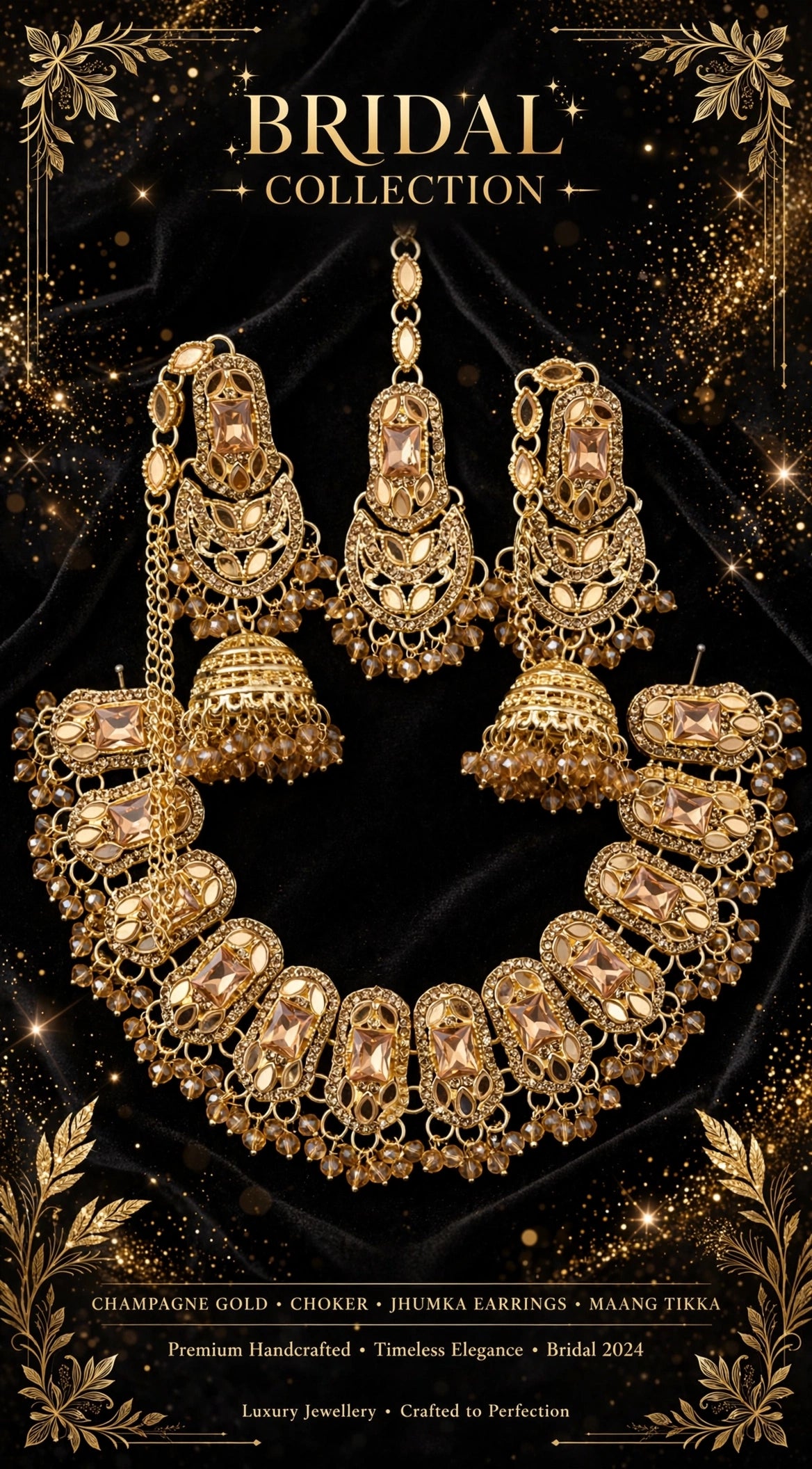 Premium Champagne Gold Bridal Choker Set - Choker + Jhumka Earrings + Maang Tikka. Shadi / Mehndi ke liye perfect, gold polish long lasting, box included
