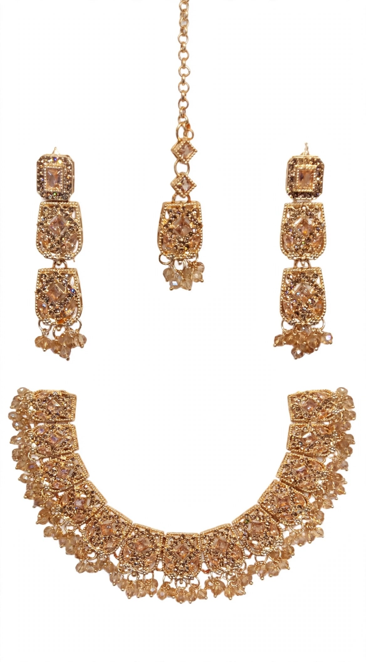 Heavy Champagne Crystal Bridal Set - Choker + Long 3-Step Earrings + Maang Tikka. Full champagne stones, crystal latkan beads, golden polish. Shadi / Barat / Walima ke liye royal dulhan look, box included.