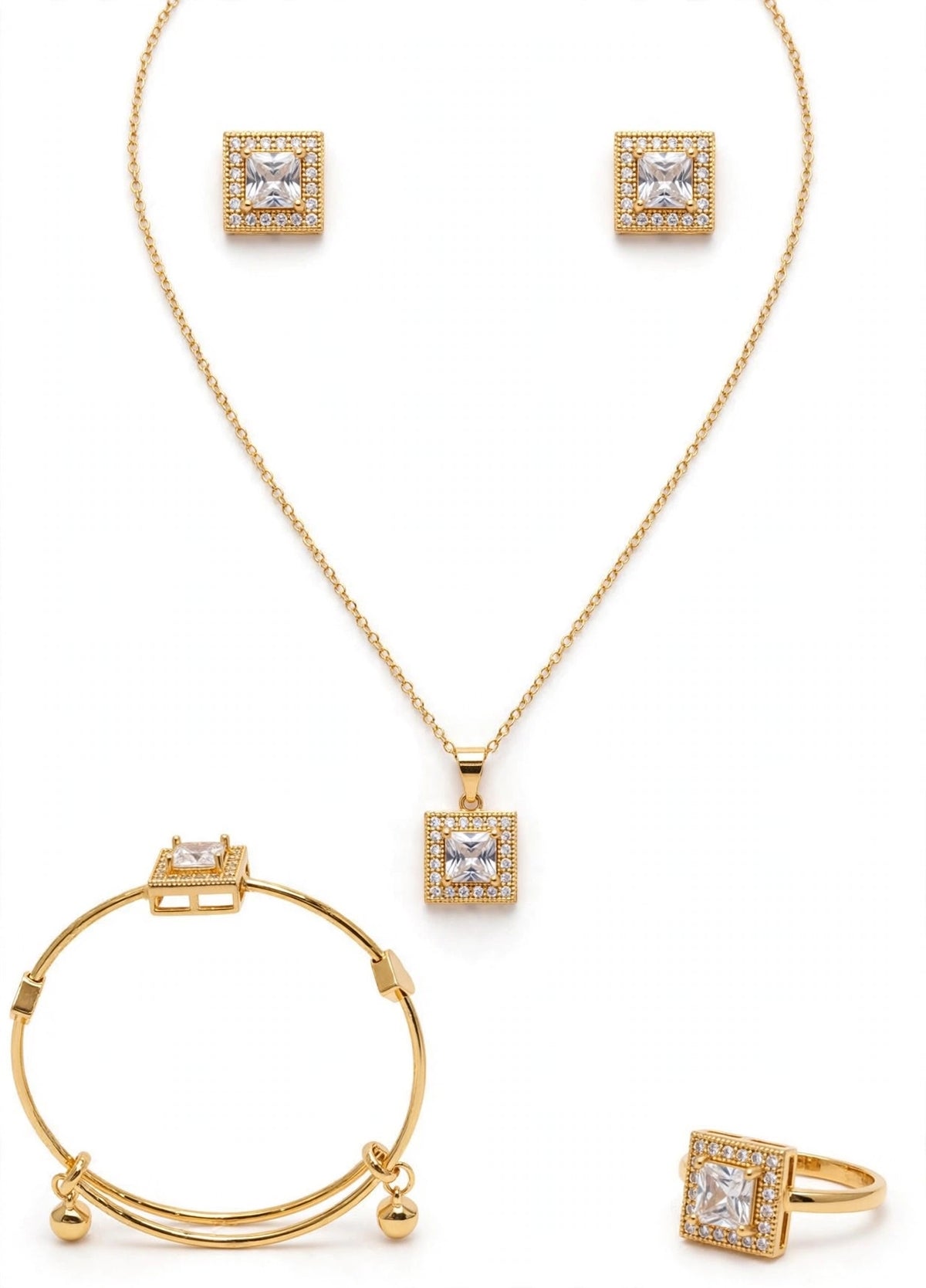 Trending Champagne Brown Zircon Stone wala 4-in-1 complete set. Gold plated, long lasting color. Shaadi, Party, Eid, Gift ke liye perfect