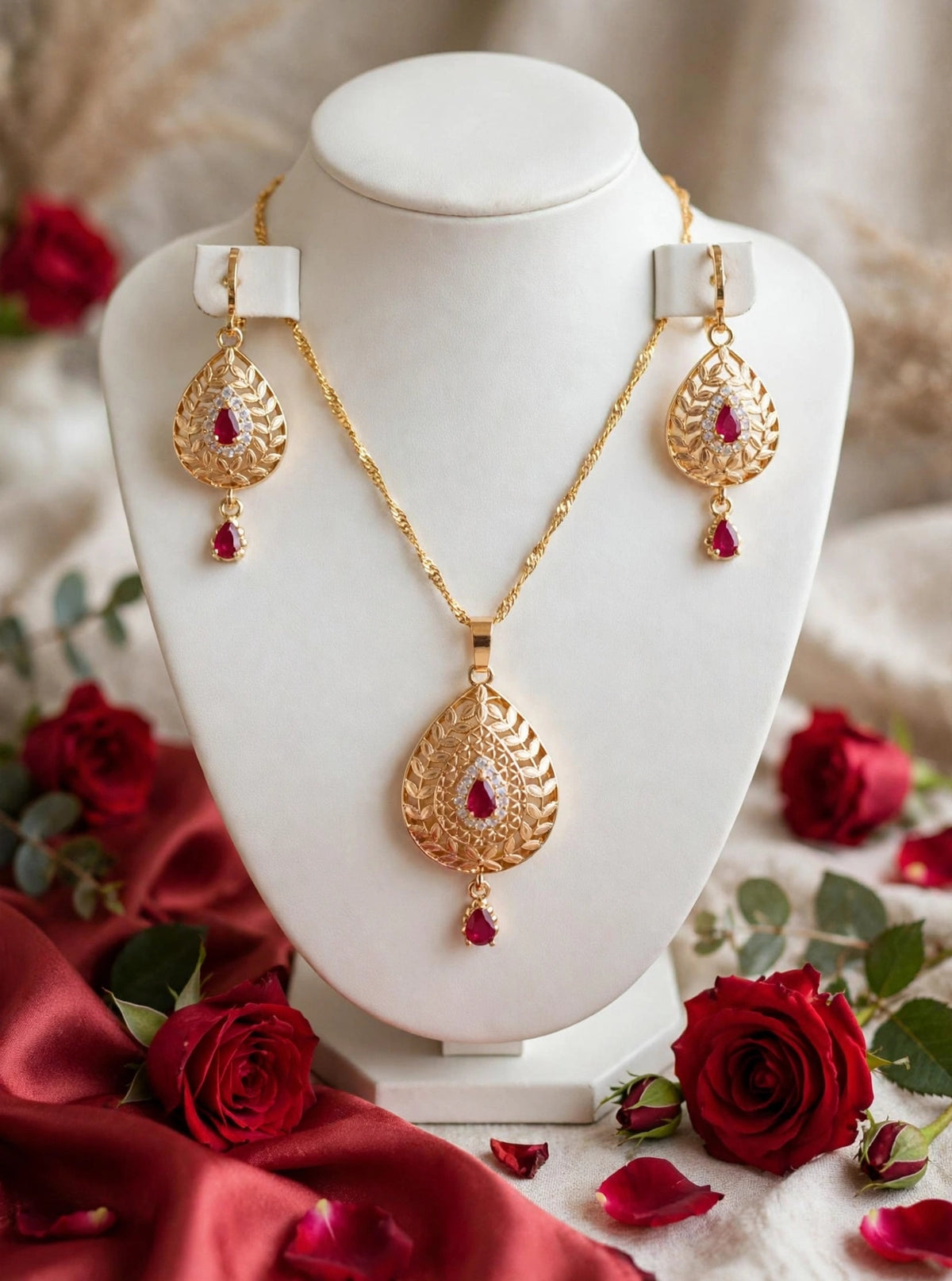Heart Ruby Gold Plated Locket Set - Chain + Locket + Earrings. Turkish heart jaali design, beech me red ruby + white zircon, neeche ruby drop latkan. Light weight, daily / party wear
