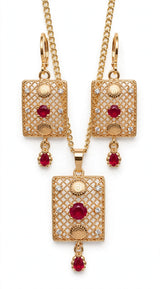 Heart Ruby Gold Plated Locket Set - Chain + Locket + Earrings. Turkish heart jaali design, beech me red ruby + white zircon, neeche ruby drop latkan. Light weight, daily / party wear