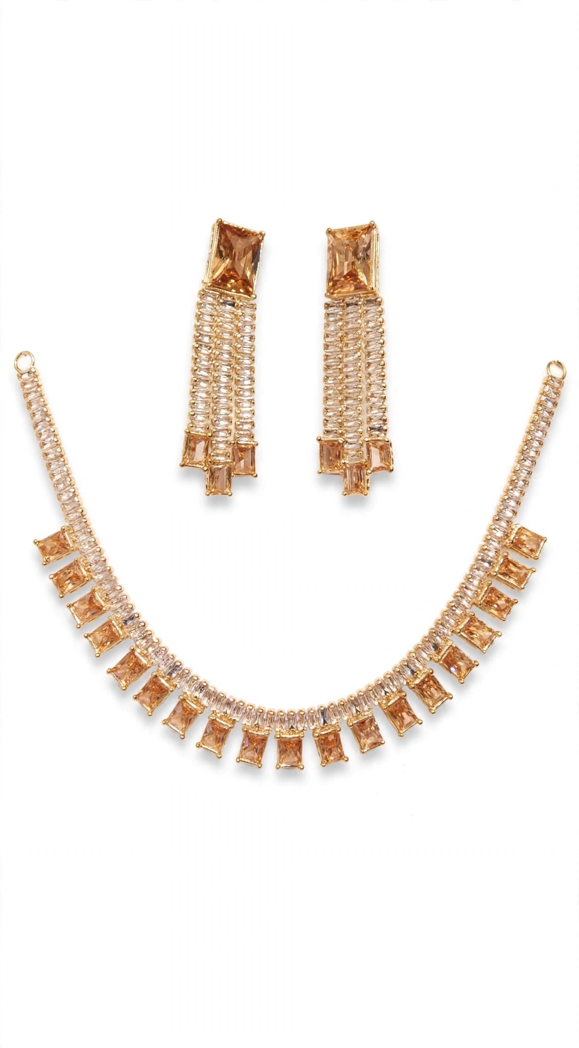 Champagne Zircon Necklace Set | Party Wear Rectangle Stone Choker with Tassel Earrings | Gold Plated Set