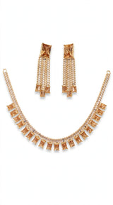 Champagne Zircon Necklace Set | Party Wear Rectangle Stone Choker with Tassel Earrings | Gold Plated Set