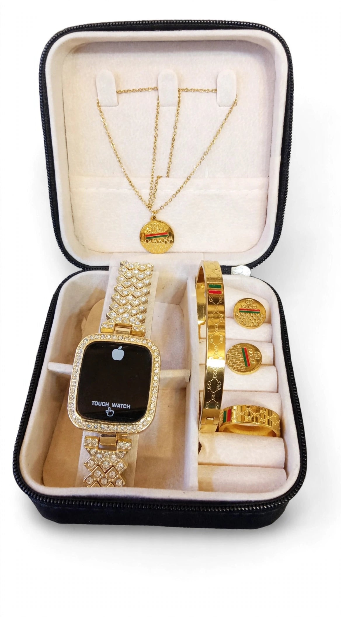 Trending Gucci Design 5-in-1 Complete Gift Box. LED Touch Watch + Locket Chain + Kara Bangle + Tops Earrings + Ring. Har ladki ki pasand!