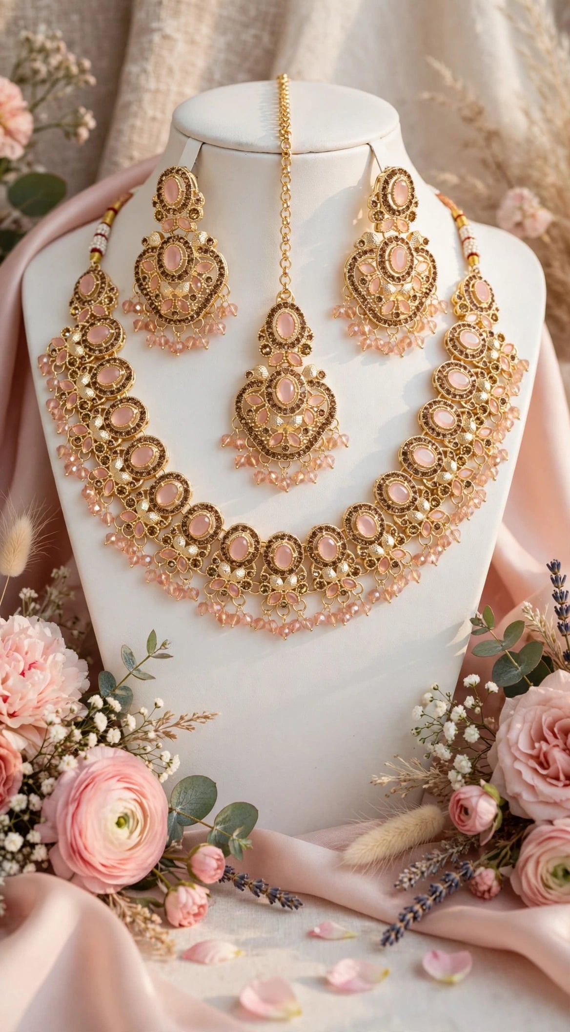 Royal Champagne Gold Bridal Set - Heavy Choker + Earrings + Tikka + Jhoomer. Champagne zircon stones, golden polish, heavy latkan beads, dulhan special.