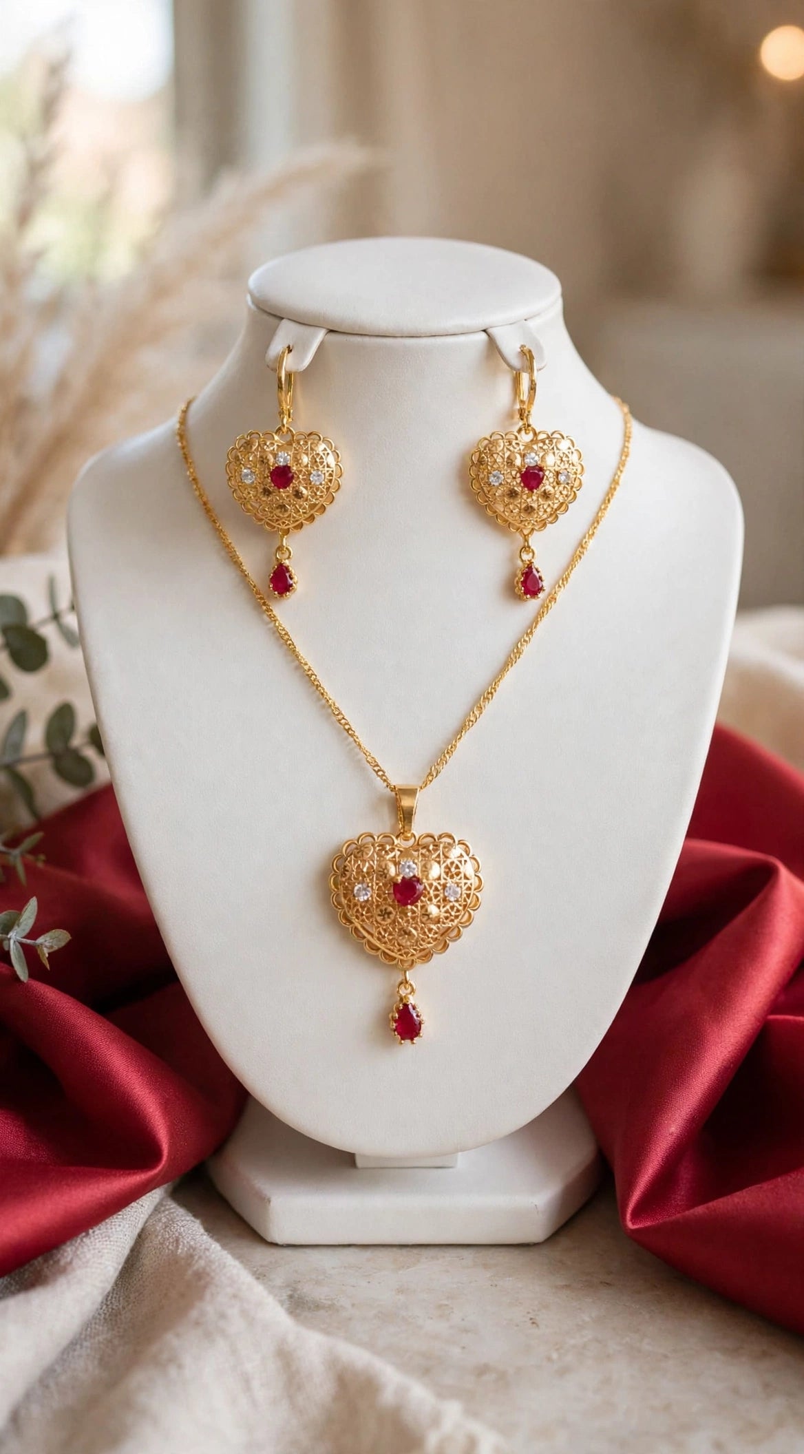 Heart Ruby Gold Plated Locket Set - Chain + Locket + Earrings. Turkish heart jaali design, beech me red ruby + white zircon, neeche ruby drop latkan. Light weight, daily / party wear
