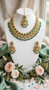 Royal Champagne Gold Bridal Set - Heavy Choker + Earrings + Tikka + Jhoomer. Champagne zircon stones, golden polish, heavy latkan beads, dulhan special.