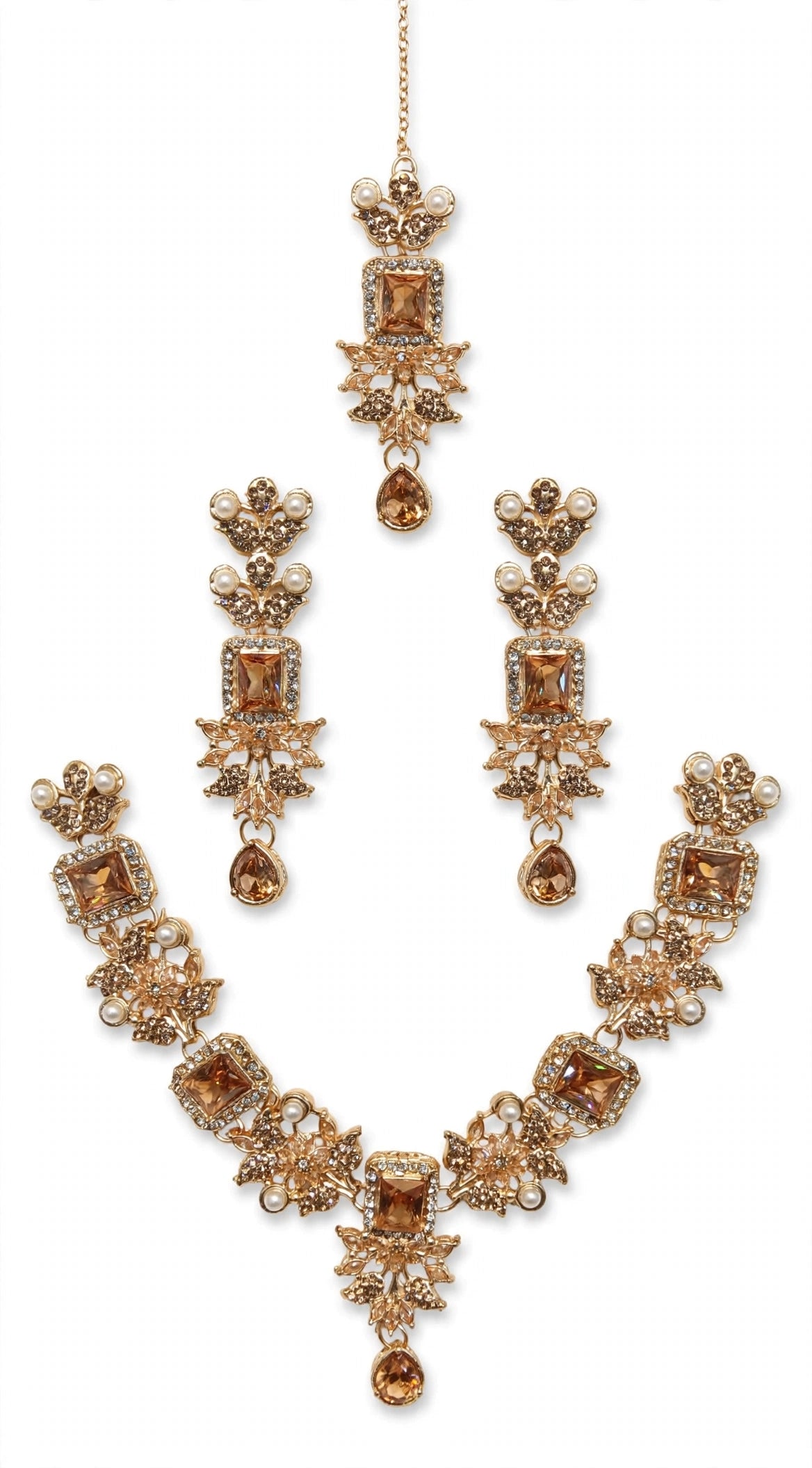 Premium Champagne & Pearl Bridal Set - Necklace + Earrings + Maang Tikka. Square champagne zircon, floral leaf design, small moti pearls, teardrop pendant. Shadi/Party ke liye royal look.