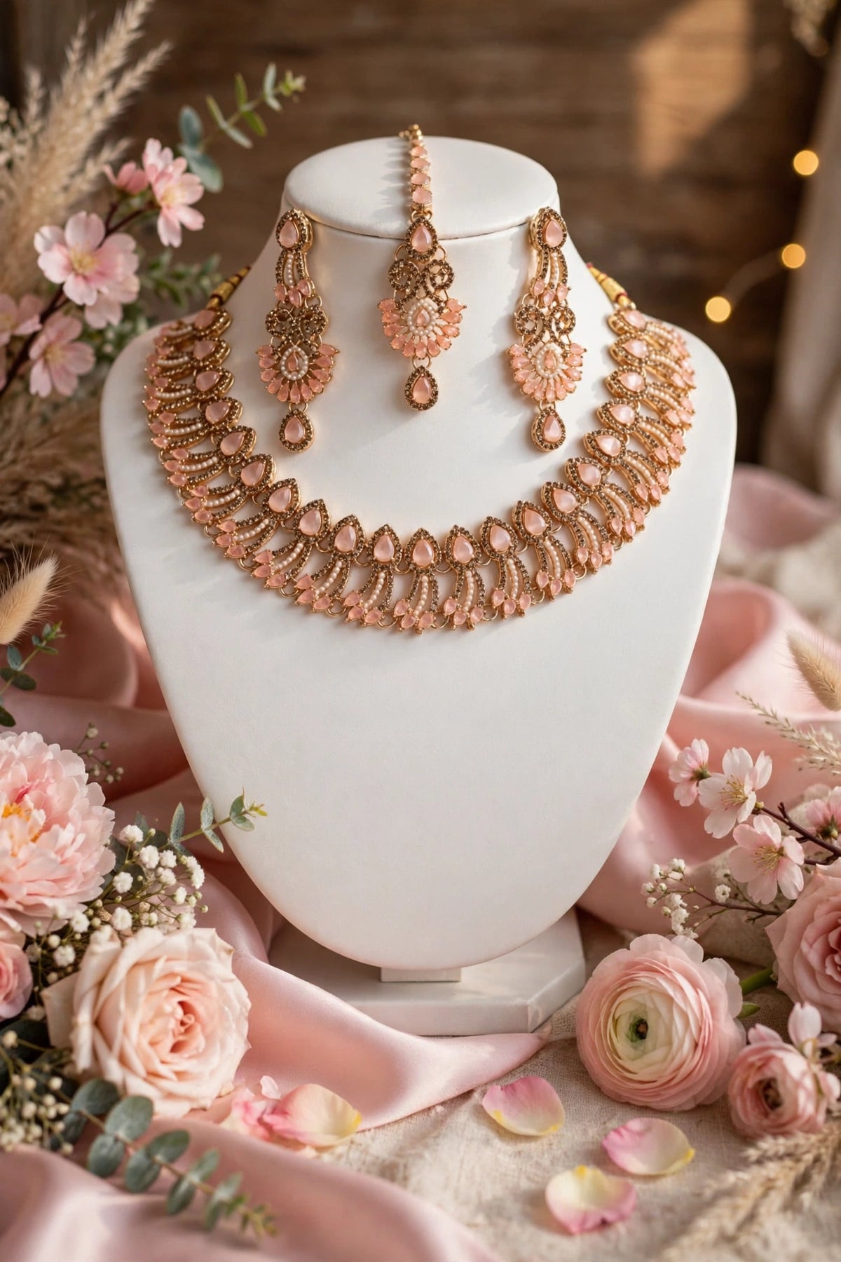 Peach Pink Royal Bridal Choker Set ✨ Heavy Feather Design with Pearls, Long Earrings & Tikka. Shaadi / Engagement ke liye perfect, gold plated shine. Box included.