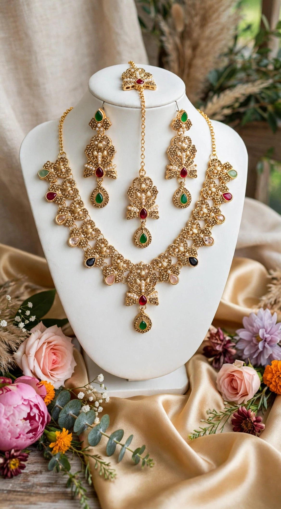 Multi Color Naurattan Bridal Set - Necklace + Earrings + Maang Tikka. Red, Green, Black stones + white pearls + champagne zircon, gold plated jaali work. Har jore ke sath matching, shadi / mehndi ke liye best.