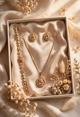 Trending Champagne Brown Zircon Stone wala 4-in-1 complete set. Gold plated, long lasting color. Shaadi, Party, Eid, Gift ke liye perfect