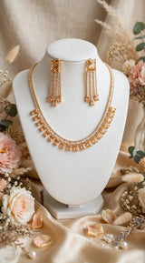 Champagne Zircon Necklace Set | Party Wear Rectangle Stone Choker with Tassel Earrings | Gold Plated Set