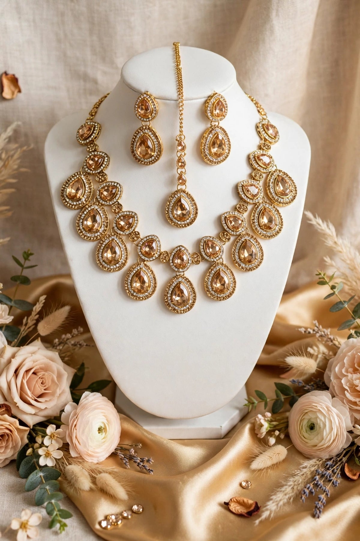 Champagne Teardrop Bridal Set - Heavy Necklace + Double Drop Earrings + Maang Tikka. Champagne stone + white + champagne zircon, gold polish. Shadi / Barat ke liye full royal look, box included.