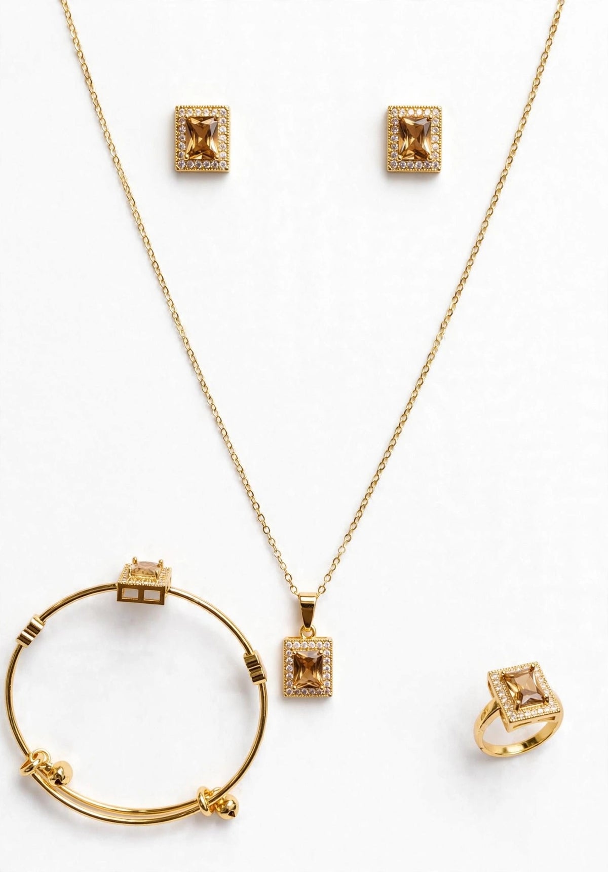Trending Champagne Brown Zircon Stone wala 4-in-1 complete set. Gold plated, long lasting color. Shaadi, Party, Eid, Gift ke liye perfect