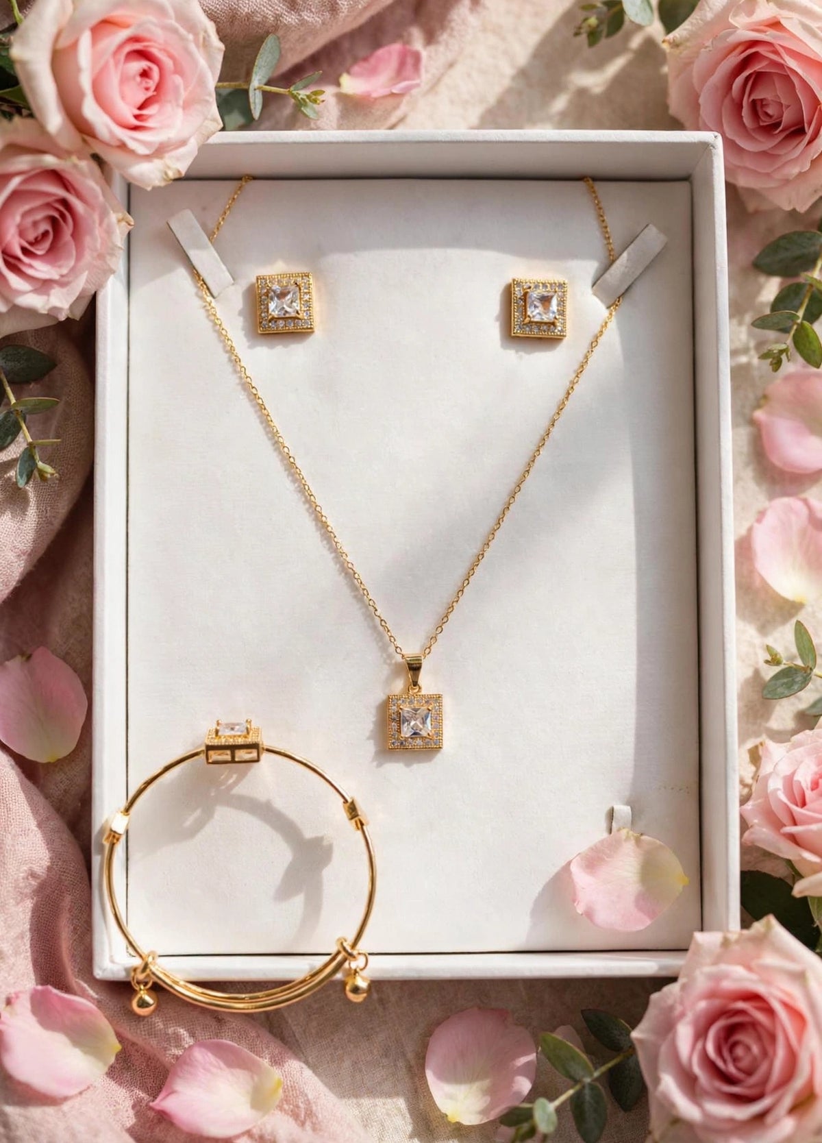Trending Champagne Brown Zircon Stone wala 4-in-1 complete set. Gold plated, long lasting color. Shaadi, Party, Eid, Gift ke liye perfect