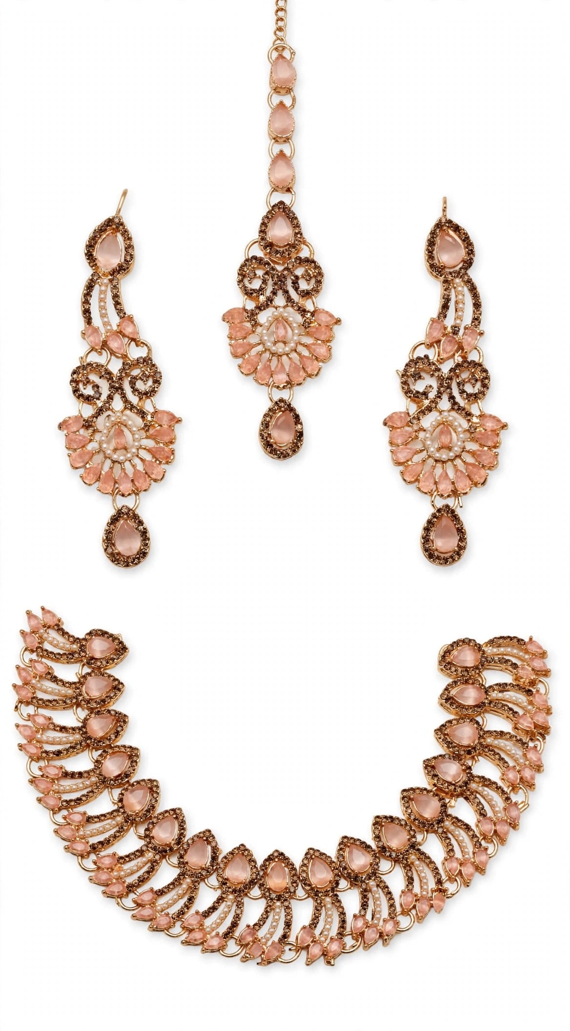 Peach Pink Royal Bridal Choker Set ✨ Heavy Feather Design with Pearls, Long Earrings & Tikka. Shaadi / Engagement ke liye perfect, gold plated shine. Box included.