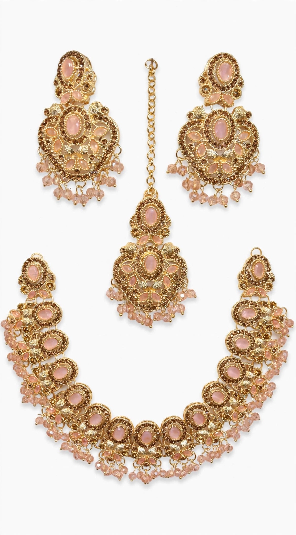 Royal Champagne Gold Bridal Set - Heavy Choker + Earrings + Tikka + Jhoomer. Champagne zircon stones, golden polish, heavy latkan beads, dulhan special.
