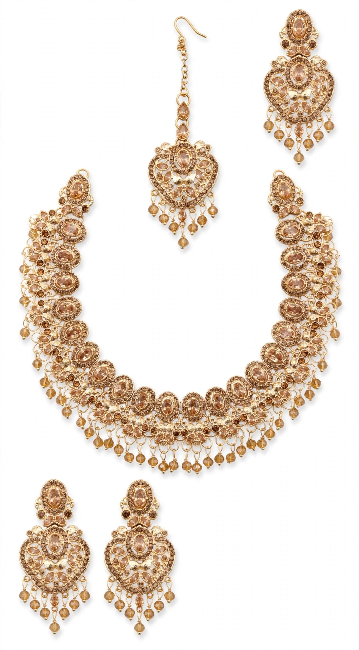 Royal Champagne Gold Bridal Set - Heavy Choker + Earrings + Tikka + Jhoomer. Champagne zircon stones, golden polish, heavy latkan beads, dulhan special.