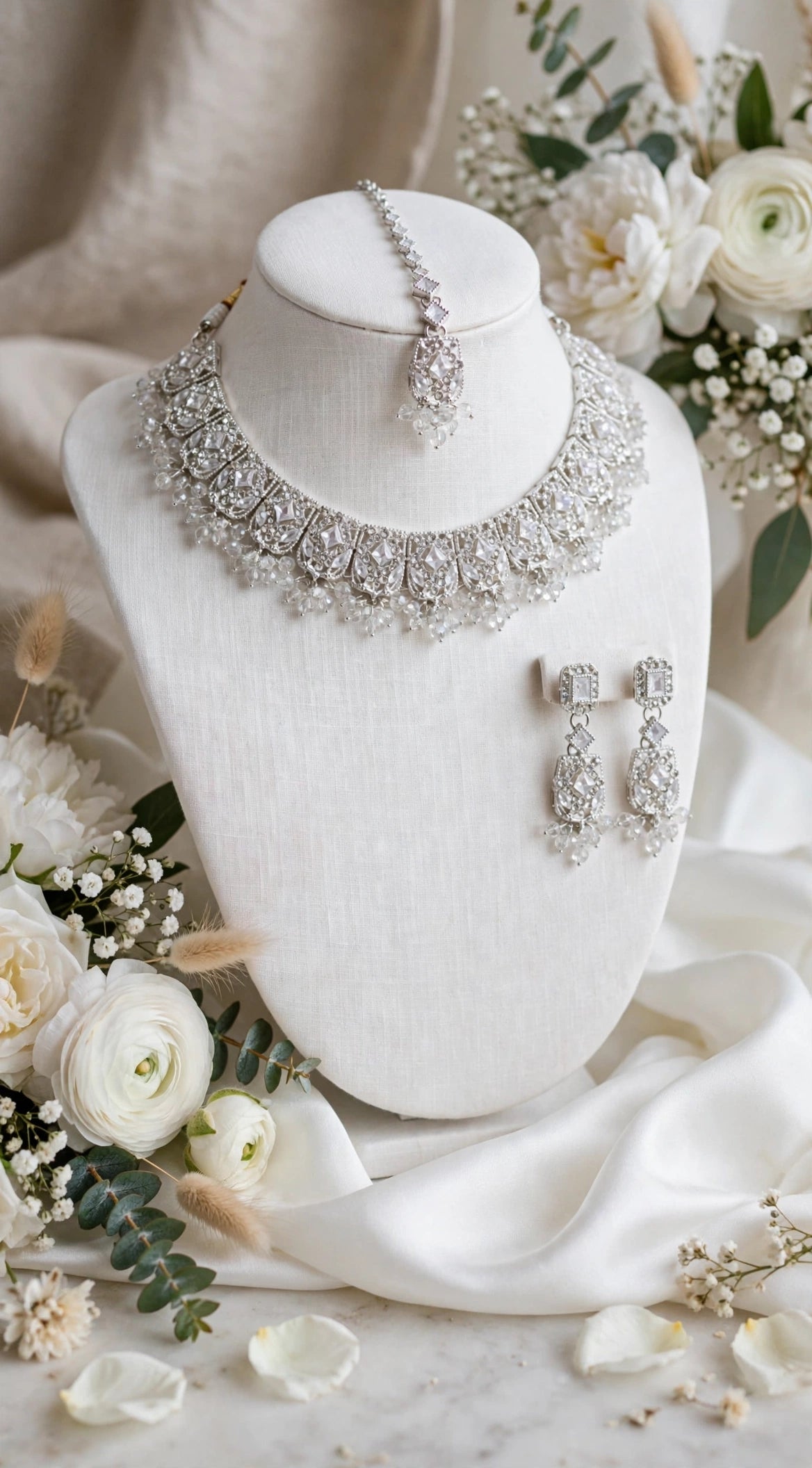 Heavy Champagne Crystal Bridal Set - Choker + Long 3-Step Earrings + Maang Tikka. Full champagne stones, crystal latkan beads, golden polish. Shadi / Barat / Walima ke liye royal dulhan look, box included.