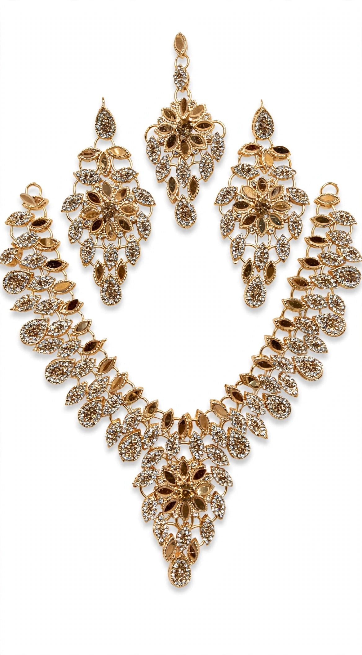Golden Leaf Zircon Bridal Set - Necklace + Long Earrings + Maang Tikka. Leaf shape champagne & white zircon, heavy floral design, royal shine. Shadi / Engagement / Party ke liye perfect, box included.